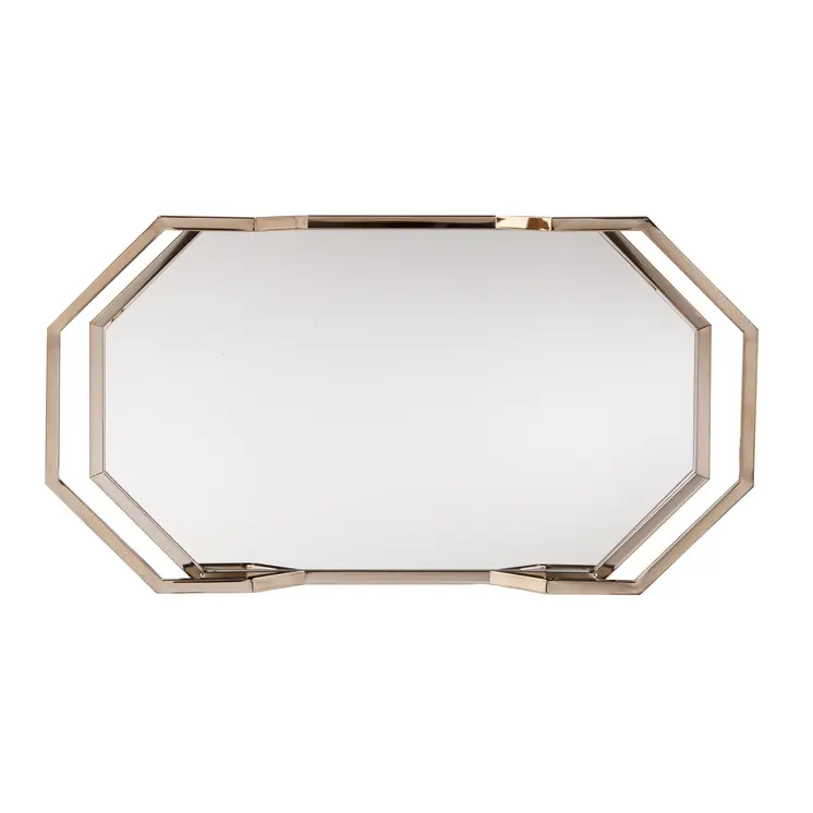 31" Champagne Iron and Mirrored Glass Octagonal Rolling Bar Cart