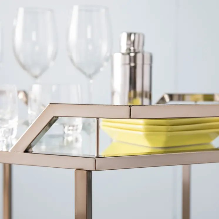 31" Champagne Iron and Mirrored Glass Octagonal Rolling Bar Cart