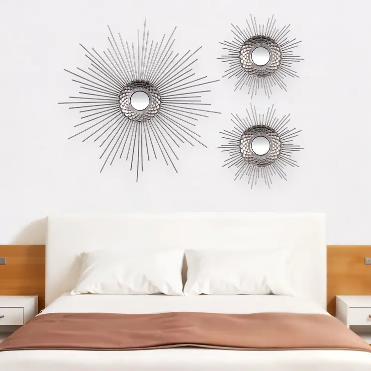 Set of Three Silver Metal Sunburst Round Wall Mirrors