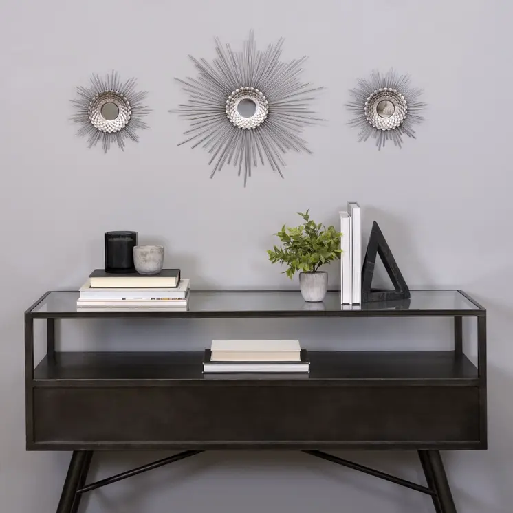 Set of Three Silver Metal Sunburst Round Wall Mirrors