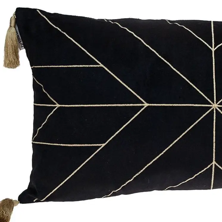 Black and Gold Geo Velvet Lumbar Pillow with Gold Tassels