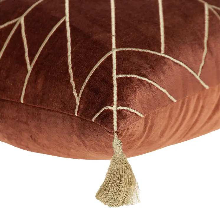 20" Burnt Orange And Gold Velvet Throw Pillow with Embroidery And Tassels