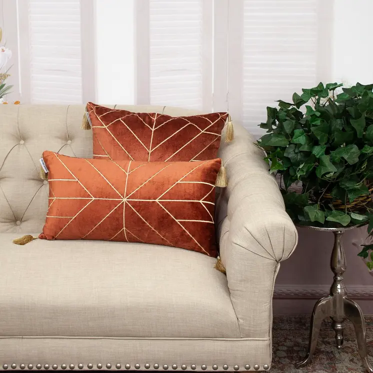 20" Burnt Orange And Gold Velvet Throw Pillow with Embroidery And Tassels