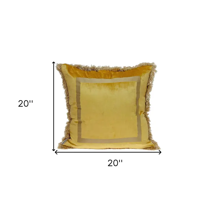 Boho Yellow with Gold Fringe Decorative Square Throw Pillow