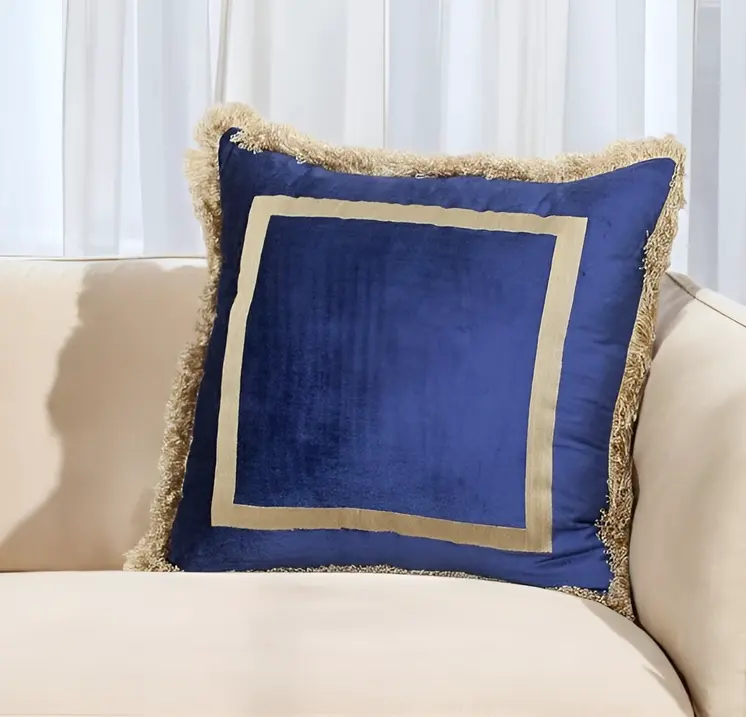 Boho Blue with Gold Fringe Decorative Square Throw Pillow