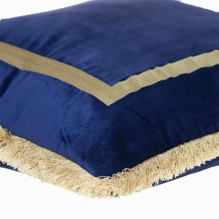 Boho Blue with Gold Fringe Decorative Square Throw Pillow