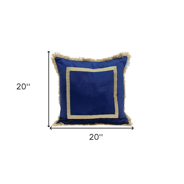 Boho Blue with Gold Fringe Decorative Square Throw Pillow