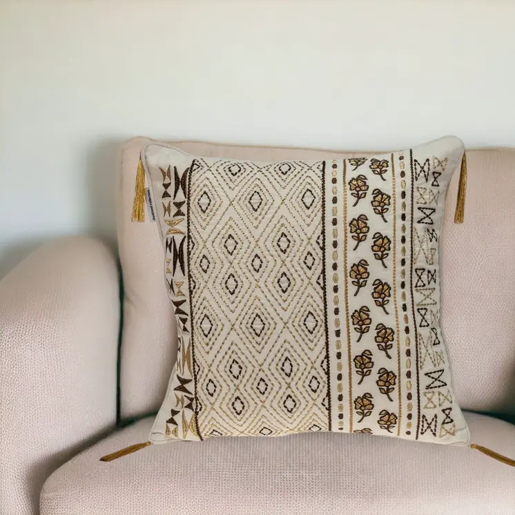 20" Beige Cotton Blend Throw Pillow
