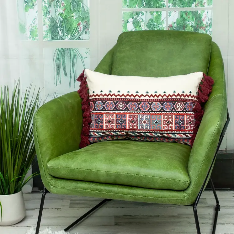 14" X 20" Blue Burgundy And Cream Abstract Cotton Blend Throw Pillow with Tassels