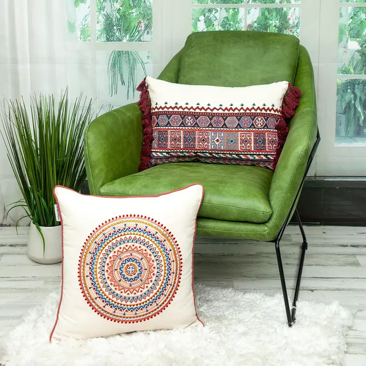 14" X 20" Blue Burgundy And Cream Abstract Cotton Blend Throw Pillow with Tassels