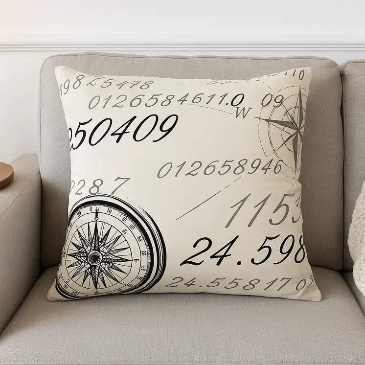 20" Natural And Black Nautical Compass Cotton Throw Pillow