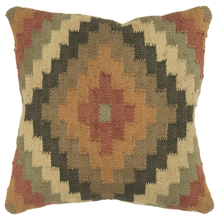 18" Brown and Green Geometric Jute Wool Blend Throw Pillow