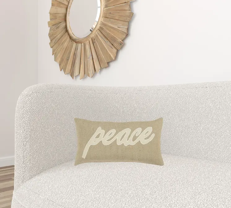 Tan Peace Felt Applique Burlap Throw Pillow