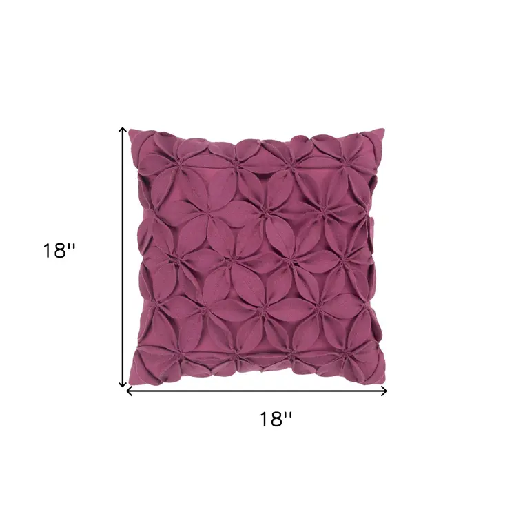 18" Magenta Floral Wool Blend Throw Pillow With Applique