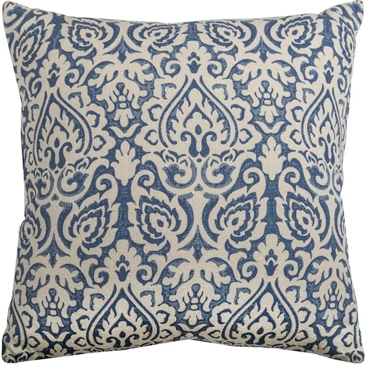 22" Blue And Natural Damask Cotton Throw Pillow