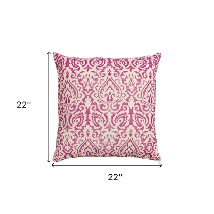 22" Pink and White Damask Cotton Throw Pillow