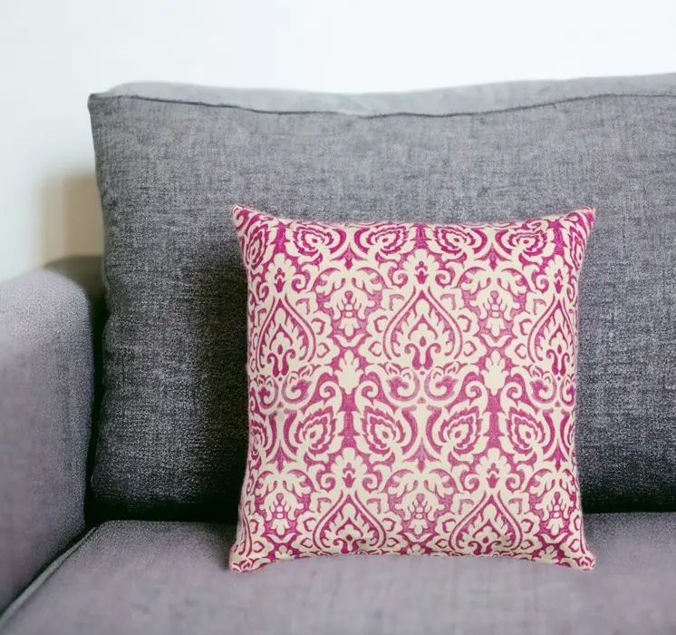 22" Pink and White Damask Cotton Throw Pillow