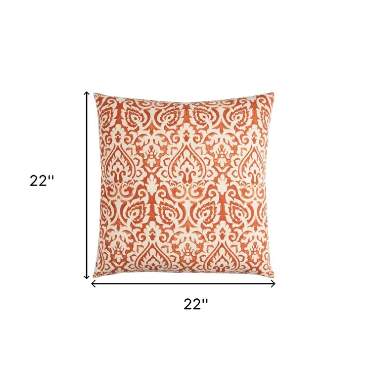 22" Orange and White Damask Cotton Throw Pillow
