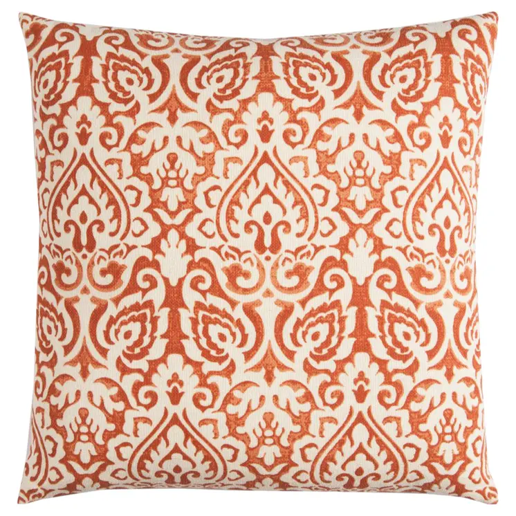 22" Orange and White Damask Cotton Throw Pillow