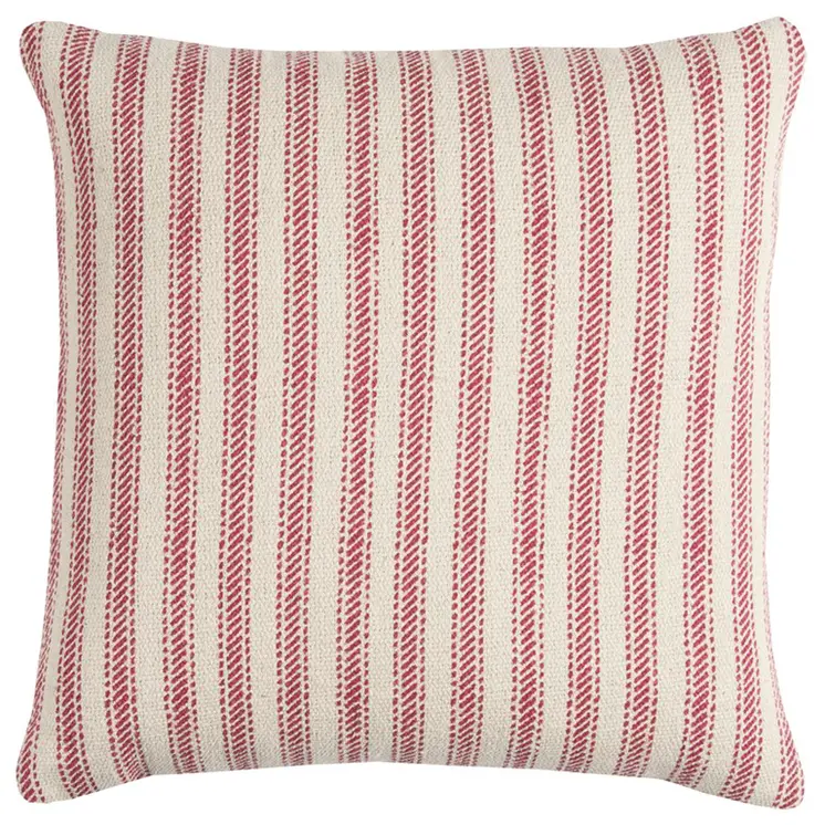 20" Red and Natural Ticking Stripe Cotton Throw Pillow