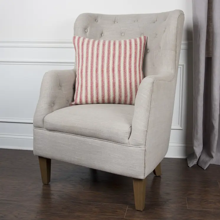 20" Red and Natural Ticking Stripe Cotton Throw Pillow