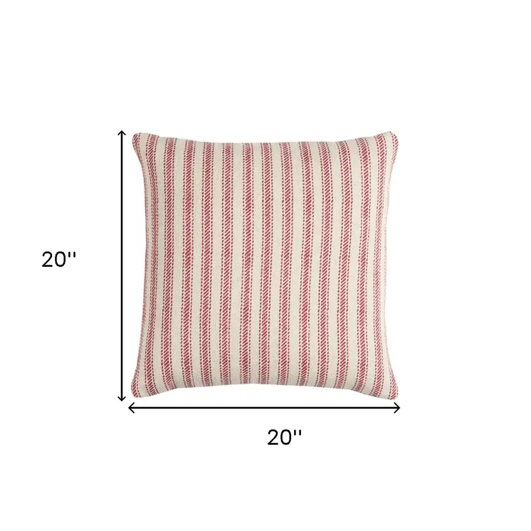 20" Red and Natural Ticking Stripe Cotton Throw Pillow