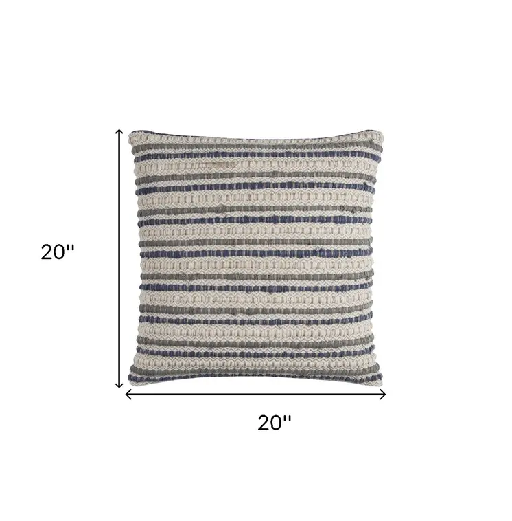 Blue Beige Nubby Texture Bands Throw Pillow