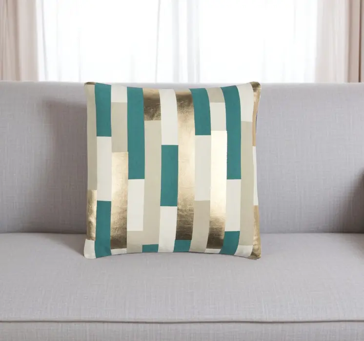 Teal Gold Metallic Stripe Throw Pillow