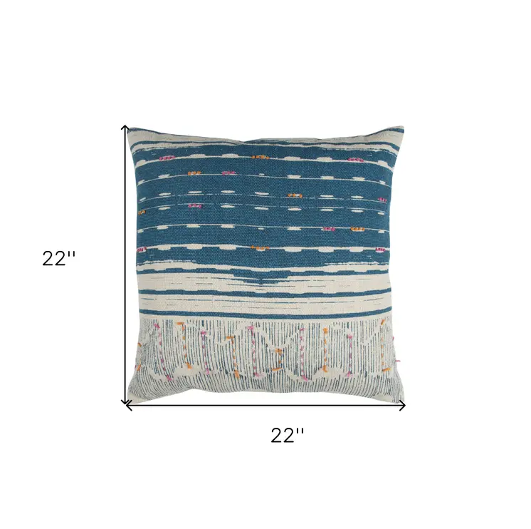 Teal White Kantha Stitch and Knots Throw Pillow