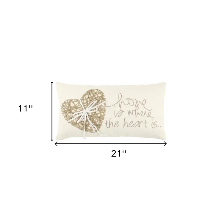 11" X 21" Ivory Home is Where the Heart Is Throw Pillow With Embroidery