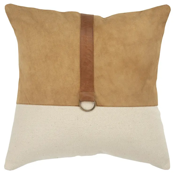 20" Natural and Brown Cotton and Leather Throw Pillow