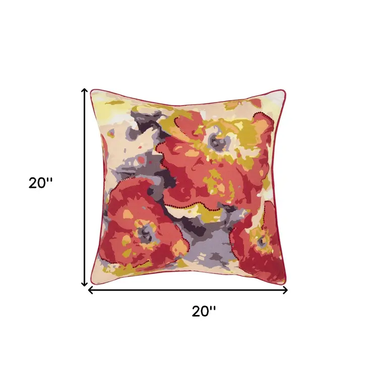 Red Gold Poppy Floral Throw Pillow