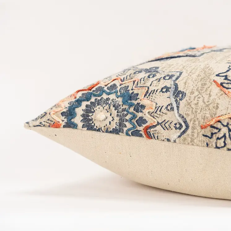 Beige Blue Distressed Floral Pattern Throw Pillow