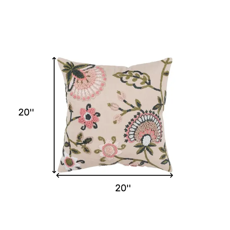 Blush Botanical Pattern Embroidered Throw Pillow