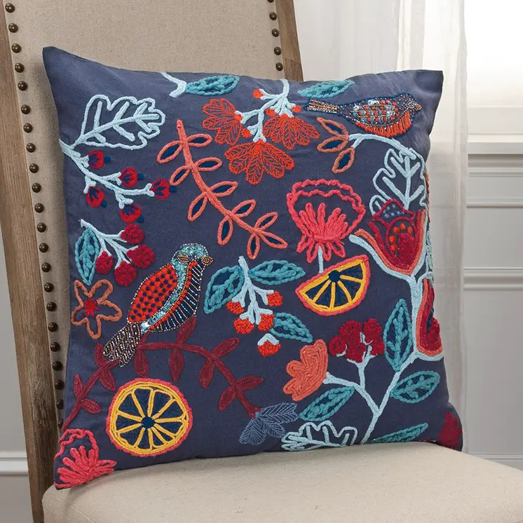 Dark Blue Jacobean Bloom Embroidered Throw Pillow