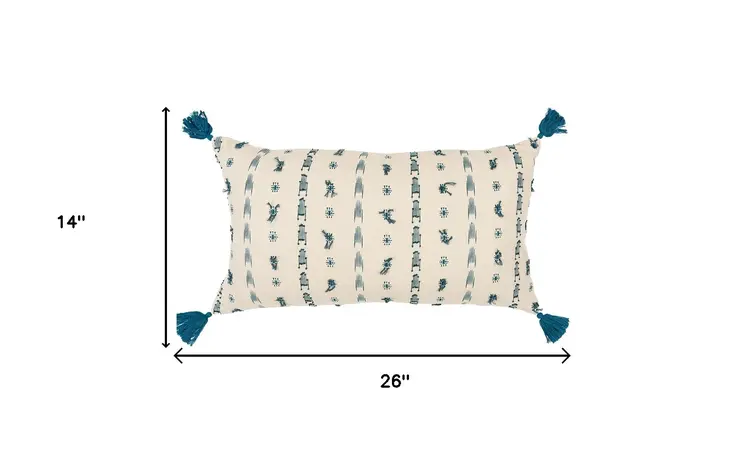 Teal Beige Tribal Inspired Tasseled Lumbar Pillow