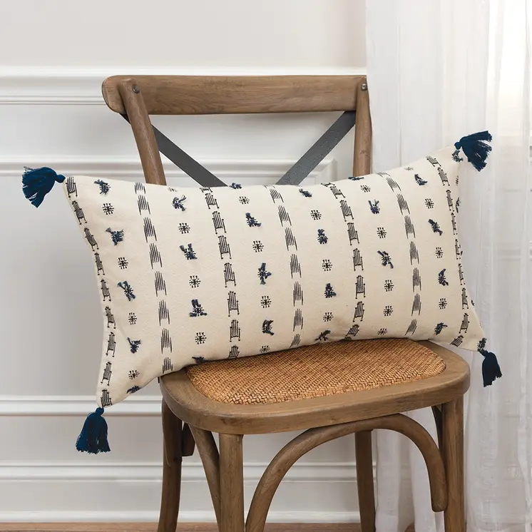 Blue Beige Tribal Inspired Tasseled Lumbar Pillow