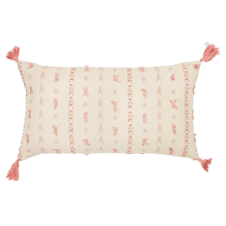 Blush Beige Tribal Inspired Tasseled Lumbar Pillow