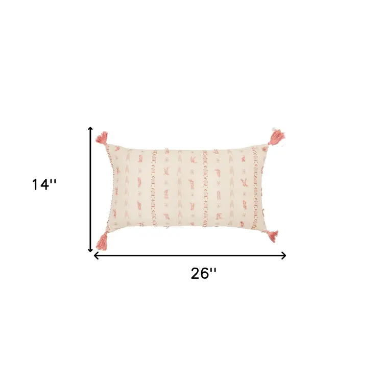 Blush Beige Tribal Inspired Tasseled Lumbar Pillow