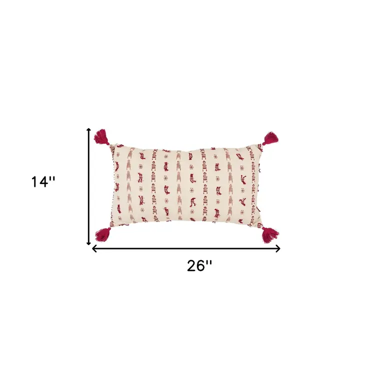 Red Beige Tribal Inspired Tasseled Lumbar Pillow