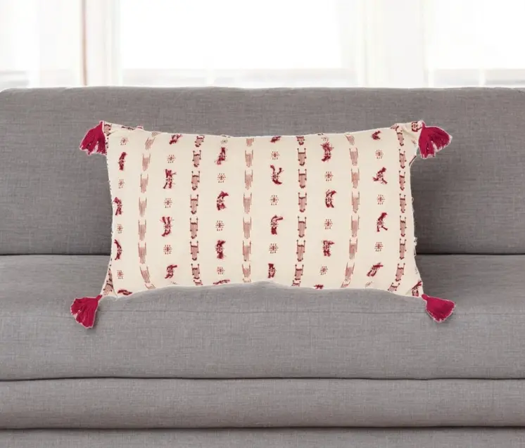 Red Beige Tribal Inspired Tasseled Lumbar Pillow
