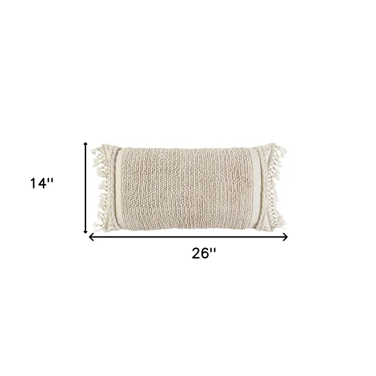 Ivory Braided Stripe Macrame Fringe Lumbar Pillow