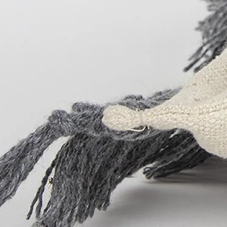 Gray Braided Stripe Macrame Fringe Lumbar Pillow