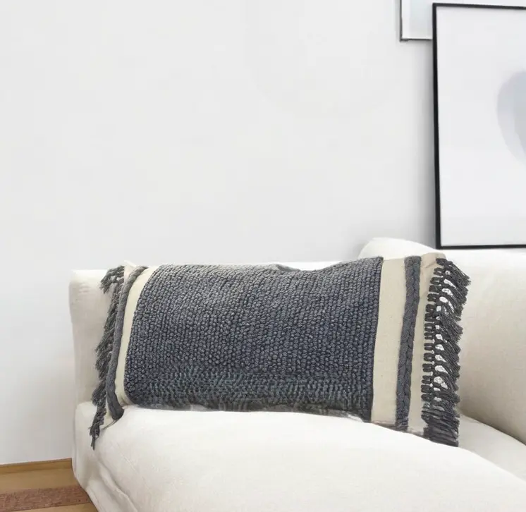 Gray Braided Stripe Macrame Fringe Lumbar Pillow