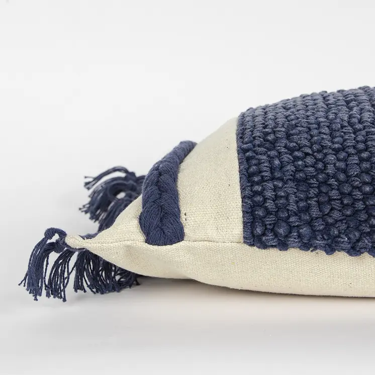 Blue Braided Stripe Macrame Fringe Lumbar Pillow