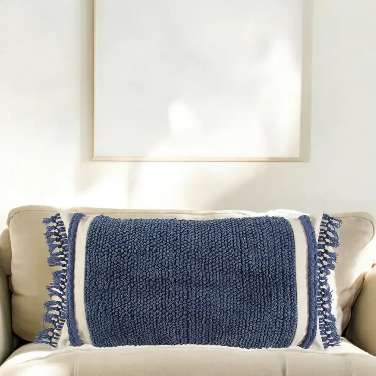 Blue Braided Stripe Macrame Fringe Lumbar Pillow