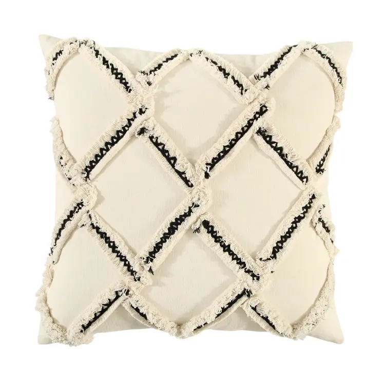 18" Cream and Black Textured Lattice Throw Pillow
