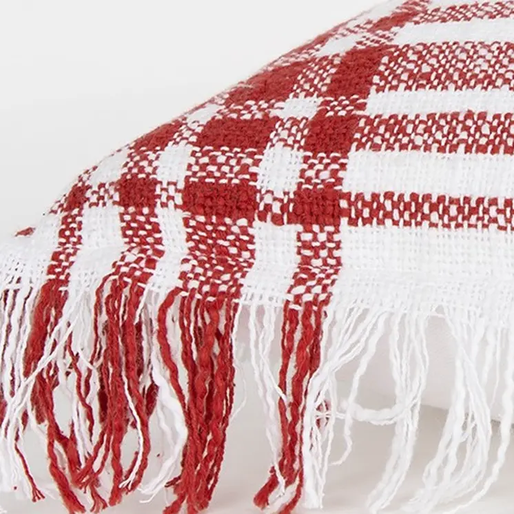 White Red Open Plaid Textured Throw Pillow