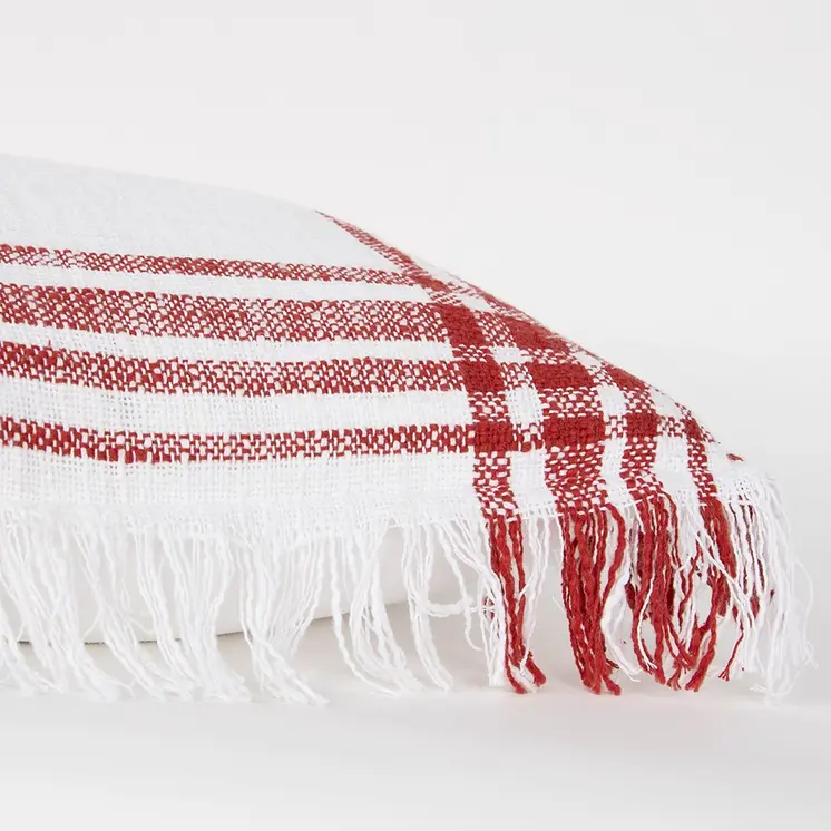 White Red Open Plaid Textured Throw Pillow
