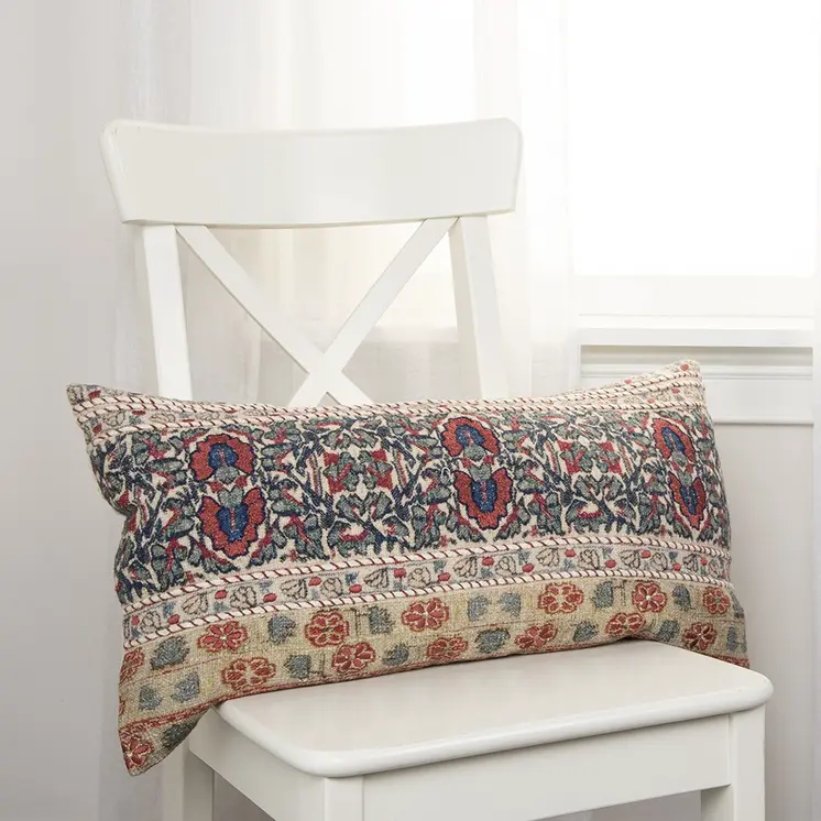 Red Beige Patterned Panel Lumbar Pillow